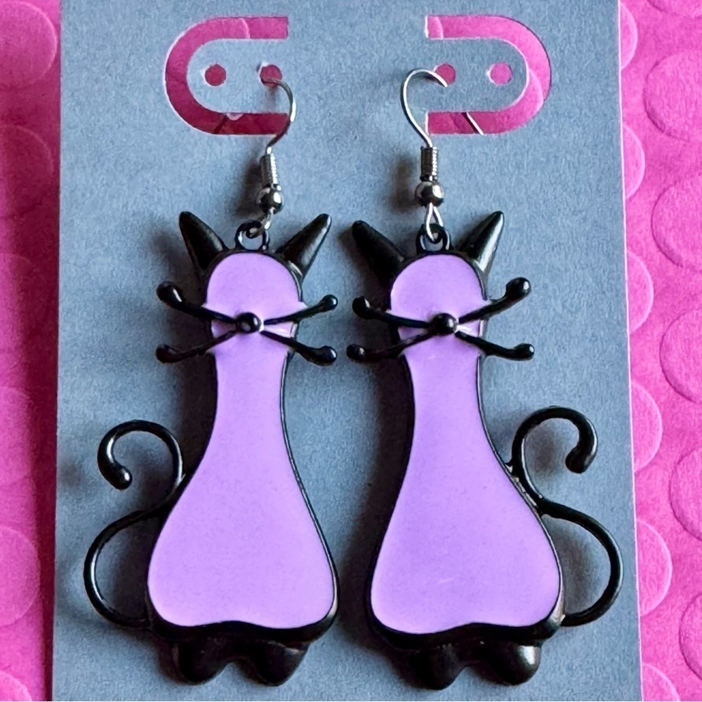 New Black Metal & Purple Enamel Kitty Cat Dangle Statement Earrings - 2.5”